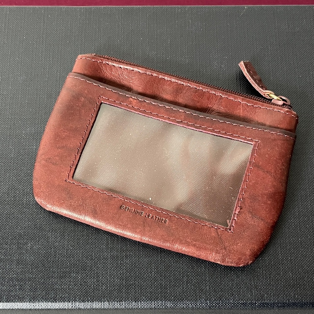Genuine Leather Burgundy Coin‎ Purse ID Holder w Keyring